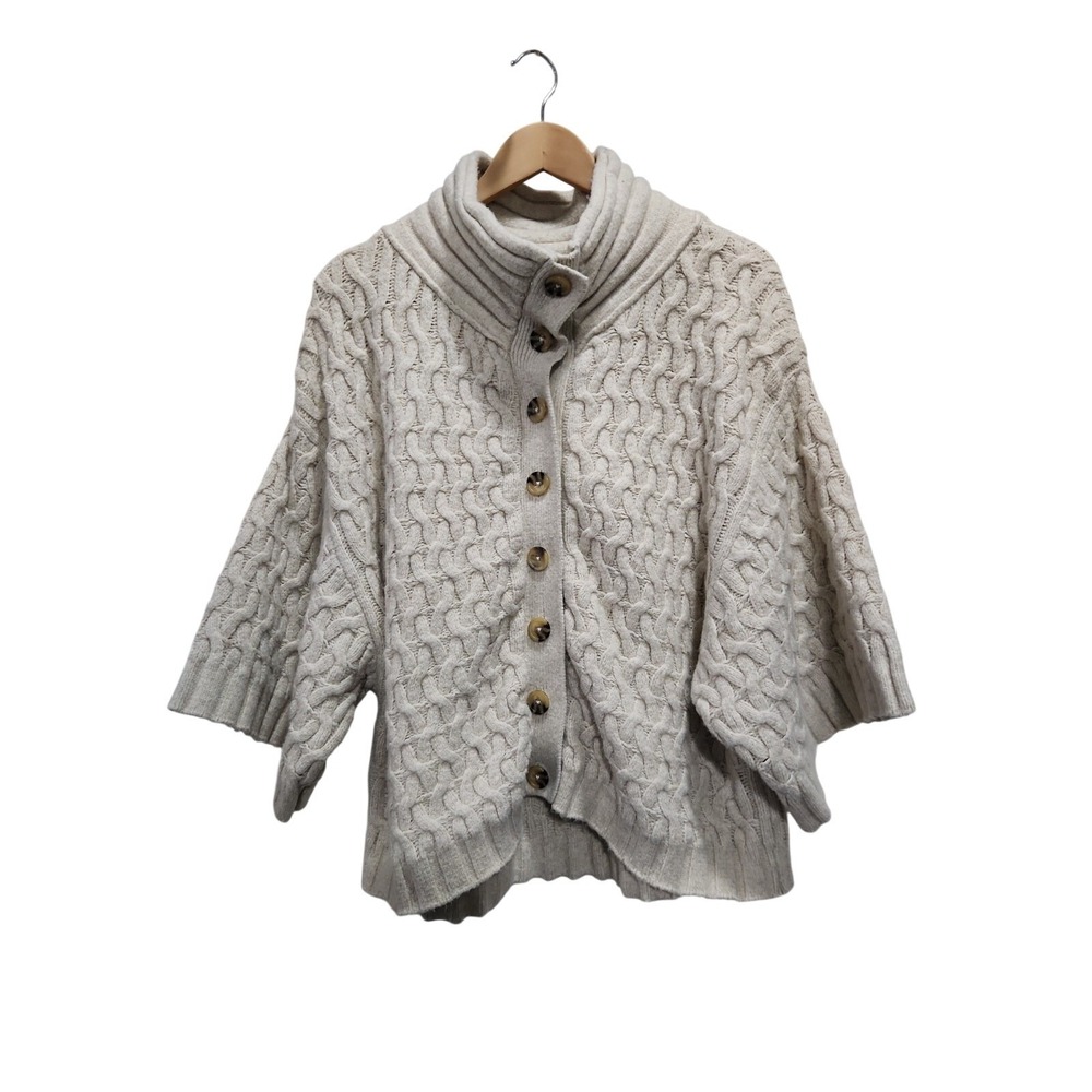 Free People Cable Knit Cardigan Sweater Cream Button Front Funnel Neck Large